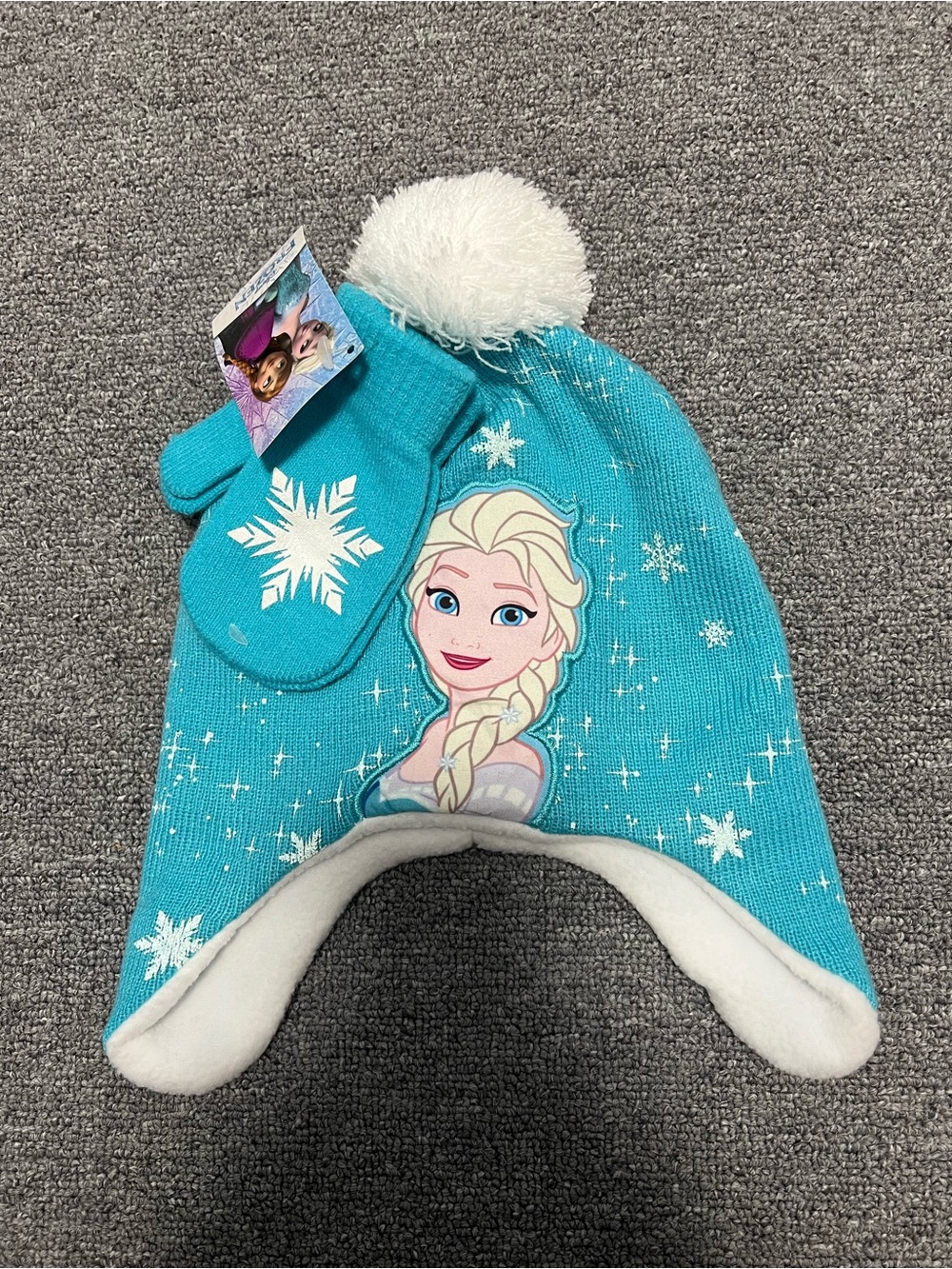 Disney Elsa Teal Knit Pom Earflap Hat with Mittens
